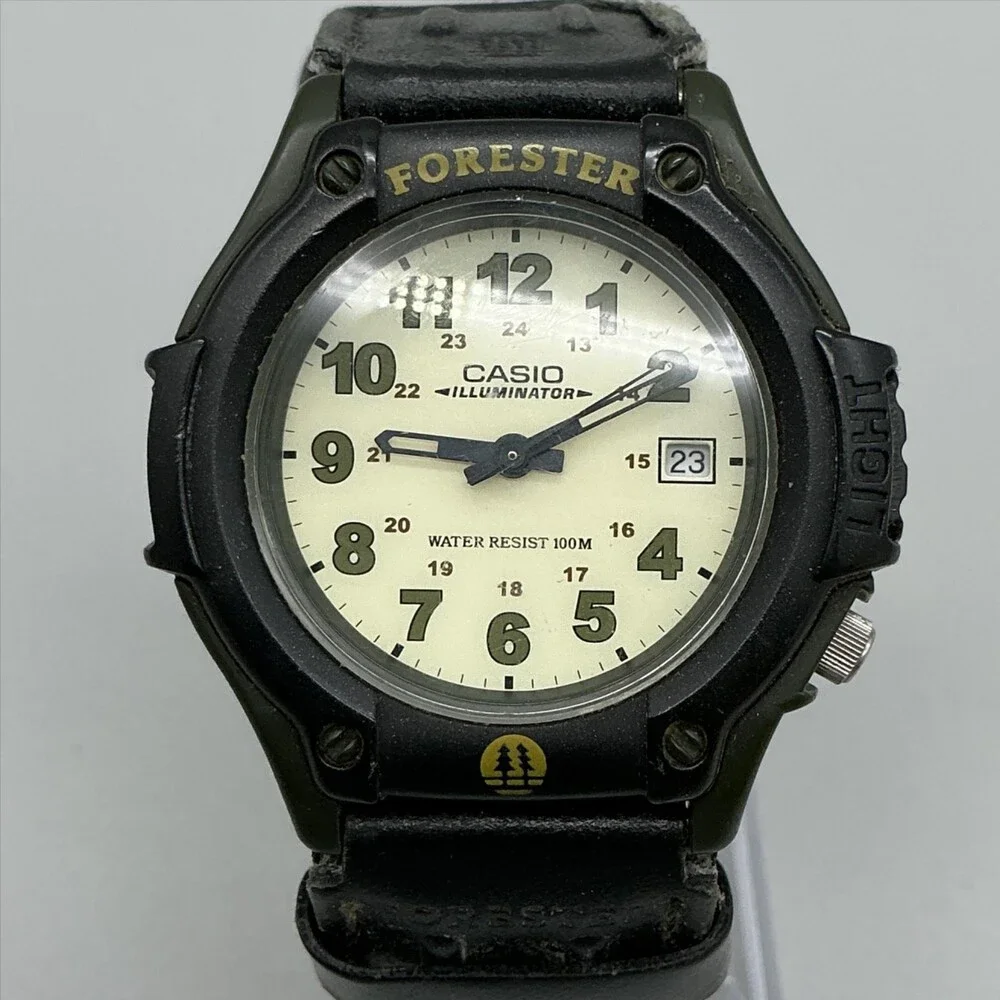 Vintage Casio Forester FT-500 Mens Watch 41mm Beige Dial Green Strap New Battery
